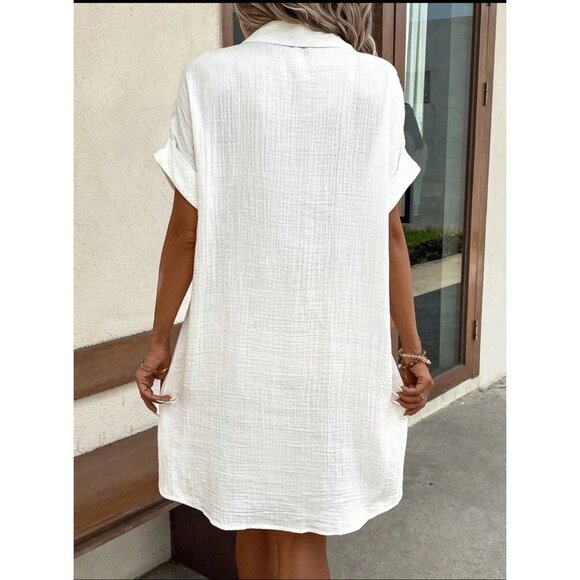 100% cotton textured button down shirt dress boho white - Picture 2 of 6